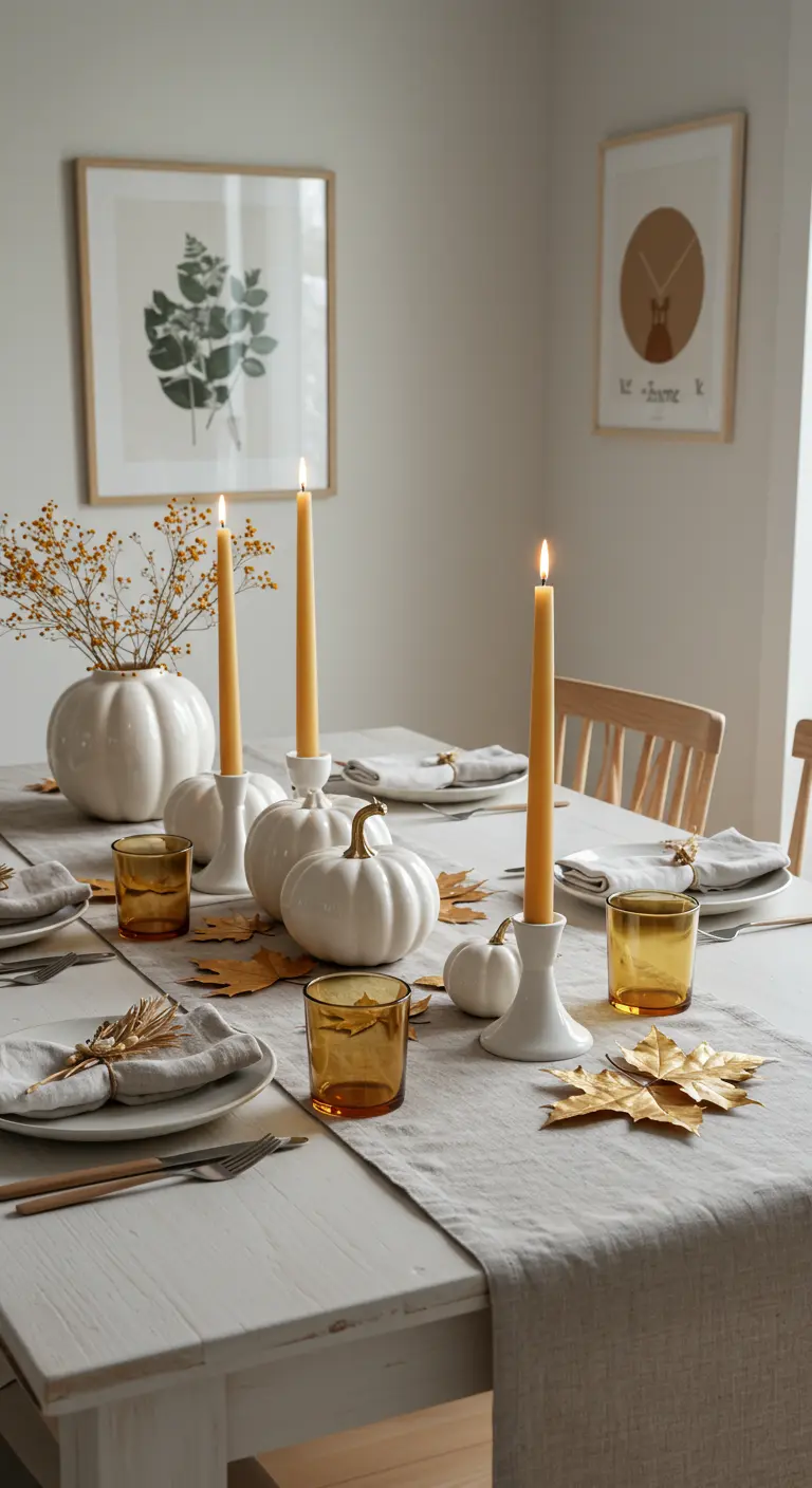 Une table claire avec un chemin de table en lin, des citrouilles blanches, des bougeoirs blancs et des bougies ambrées.