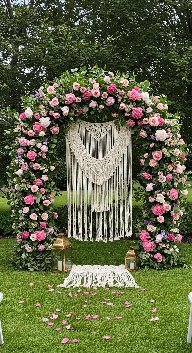 Arche de jardin débordant de pivoines et de roses roses avec un macramé central.
