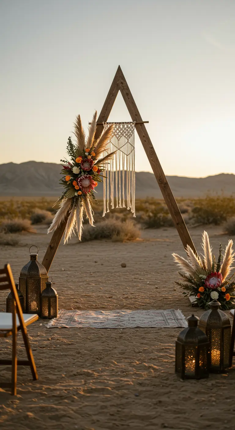 Arche triangulaire en bois dans le désert avec fleurs séchées et macramé.