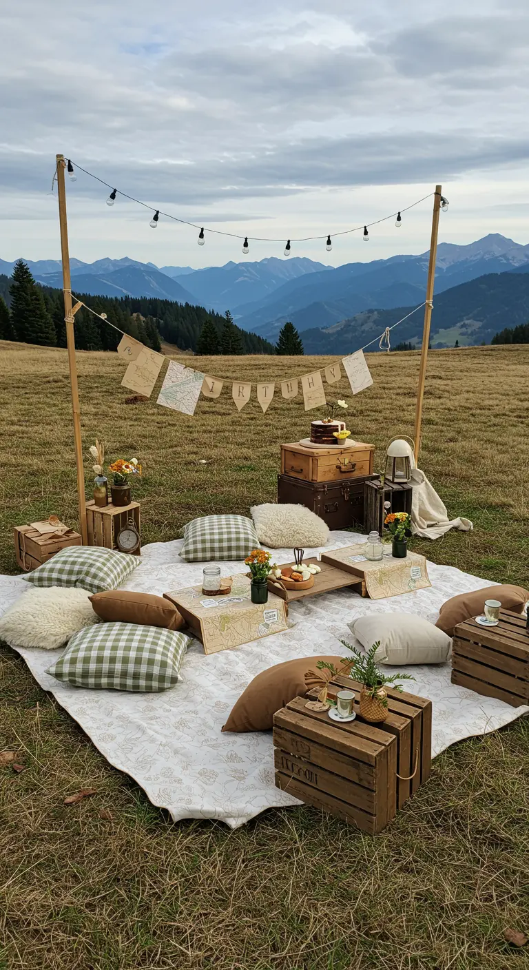 Pique-nique en montagne, vue panoramique, caisses en bois, coussins rustiques.