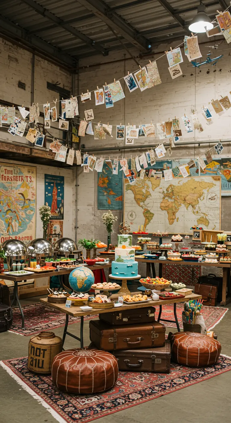 Guirlande de cartes postales, photos et cartes du monde suspendues pour un thème voyage.