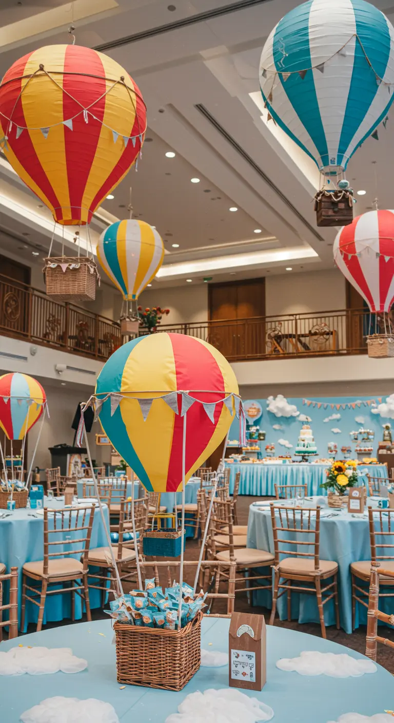 Décoration de fête avec montgolfières suspendues colorées et tables nappées de bleu clair.
