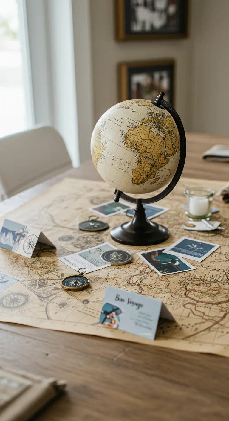 Table sur le thème du voyage avec une carte du monde, un globe et des boussoles.