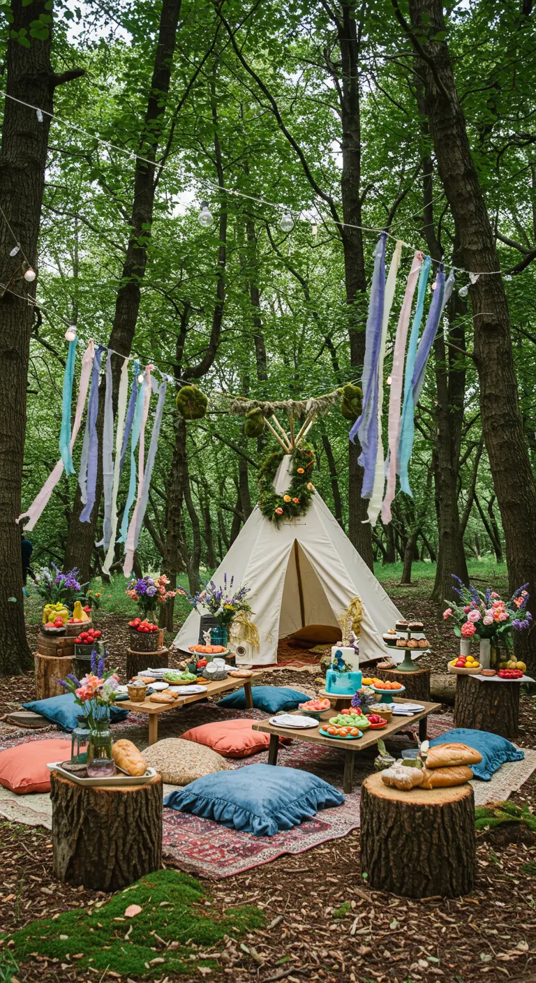 Fête en forêt avec un tipi, rubans colorés, tables rondins, coussins et fleurs fraîches.