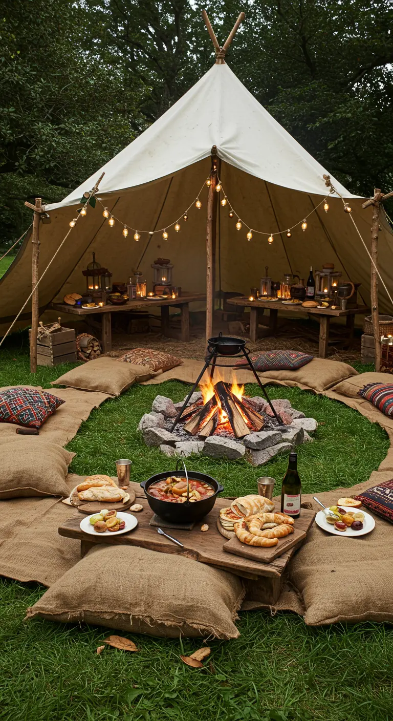 Campement rustique avec un tipi, un feu de camp et des coussins en toile de jute.