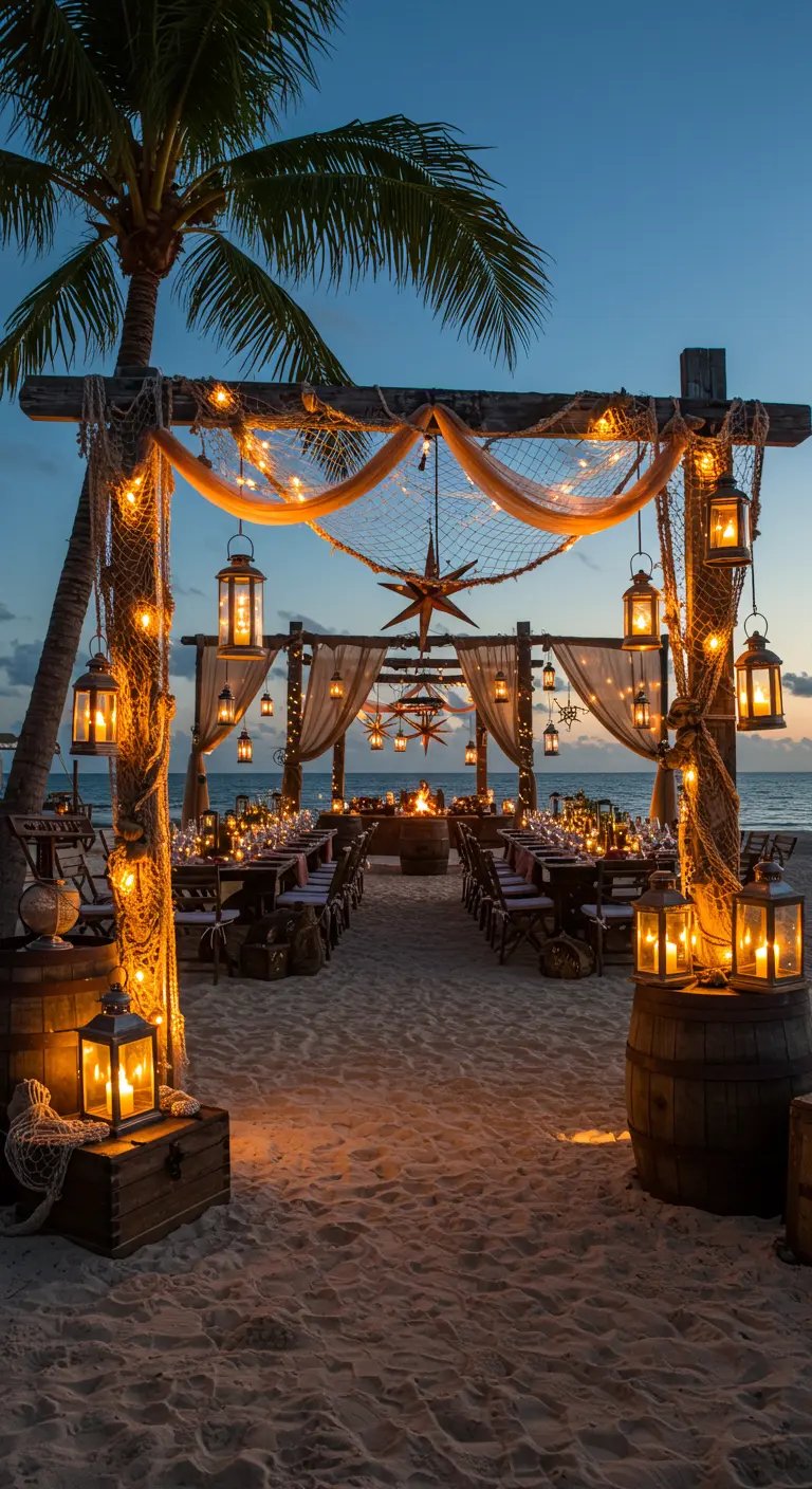Dîner sur une plage avec un portique en bois décoré de filets, lanternes et lumières scintillantes.