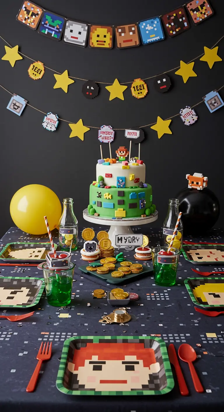 Table d'anniversaire Minecraft avec vaisselle pixelisée, gâteau et pièces d'or.