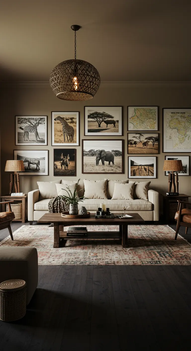 Salon aux tons neutres avec un mur de cadres de paysages et animaux africains, canapé beige.