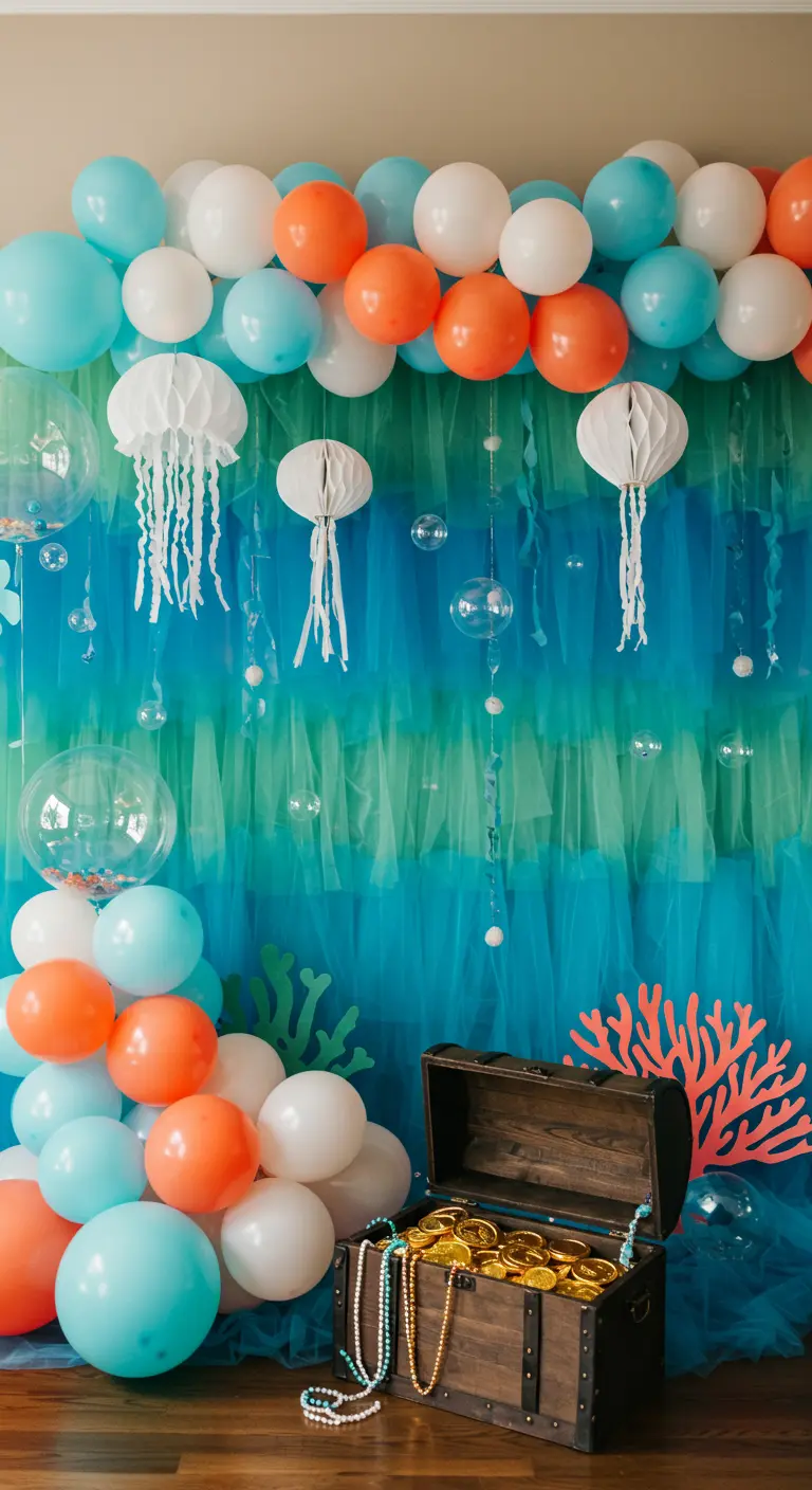 Photobooth thème sous-marin avec un fond en tulle bleu, des méduses en papier et un coffre au trésor.