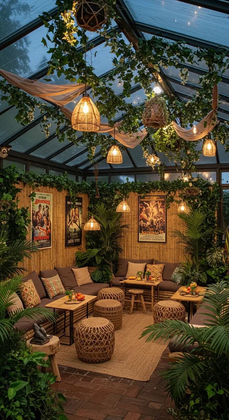Salon de style jungle avec murs en bambou, plantes luxuriantes et affiches de films d'aventure.