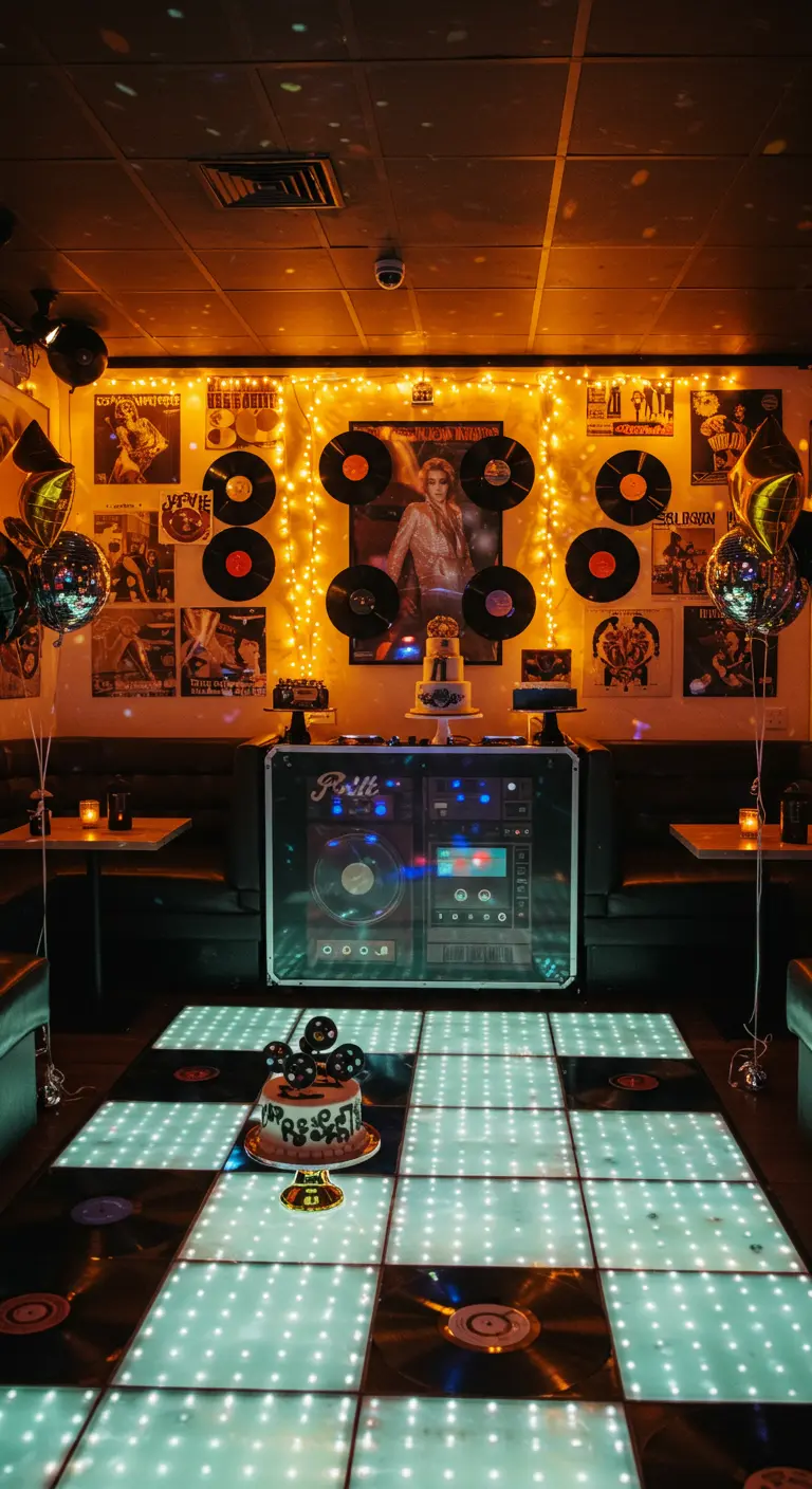Salle de fête disco avec une piste de danse lumineuse, des disques vinyles au mur et des affiches rétro.