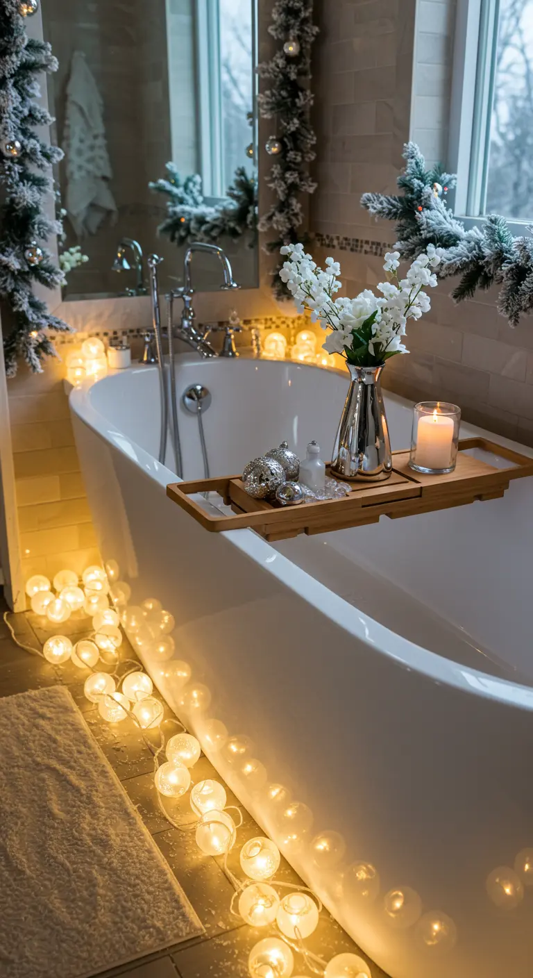 Baignoire entourée d'une guirlande de boules lumineuses au sol.