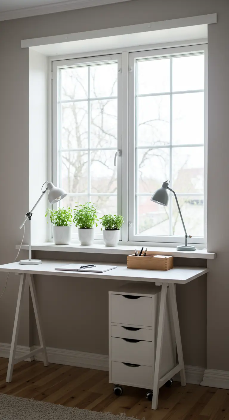 Bureau blanc sur tréteaux placé devant une grande fenêtre lumineuse.
