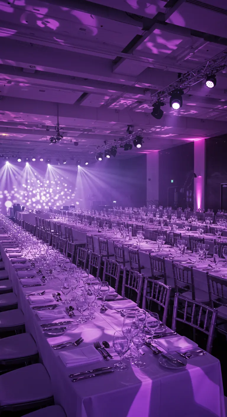 Grande salle de réception avec de longues tables, entièrement baignée dans une lumière violette.