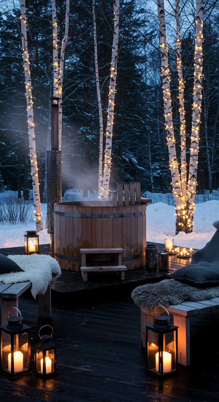 Bain à remous en bois en hiver avec des lumières sur les bouleaux.