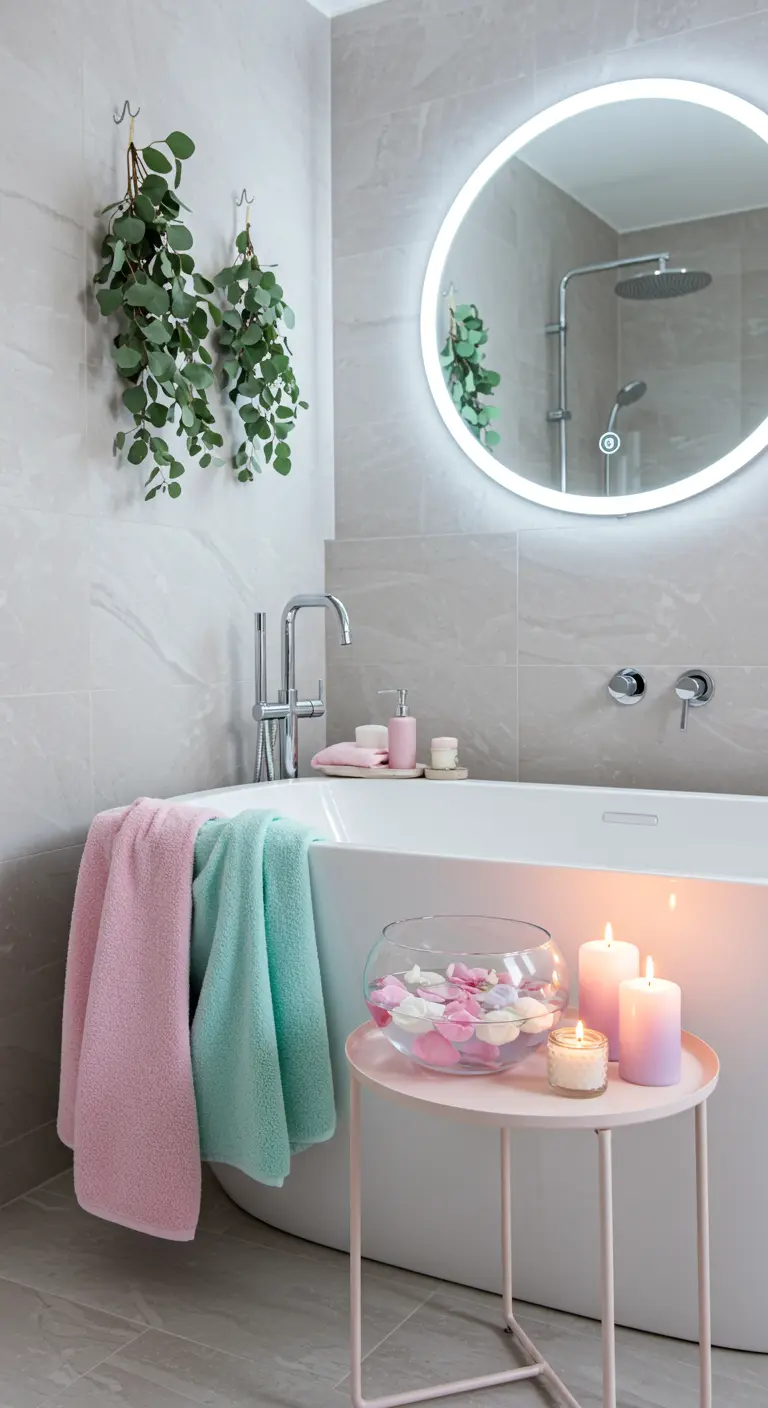 Salle de bain luxueuse avec baignoire, serviettes pastel, eucalyptus et bougies.