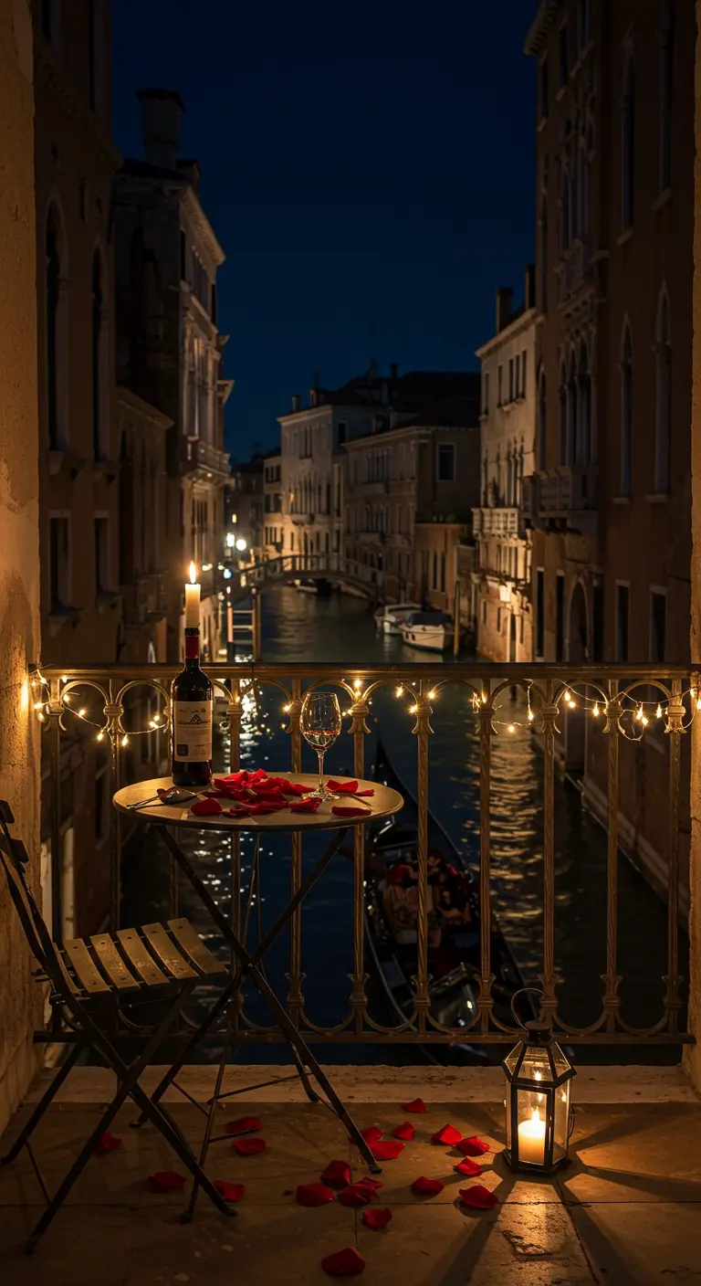 Dîner romantique sur un petit balcon surplombant un canal à Venise.