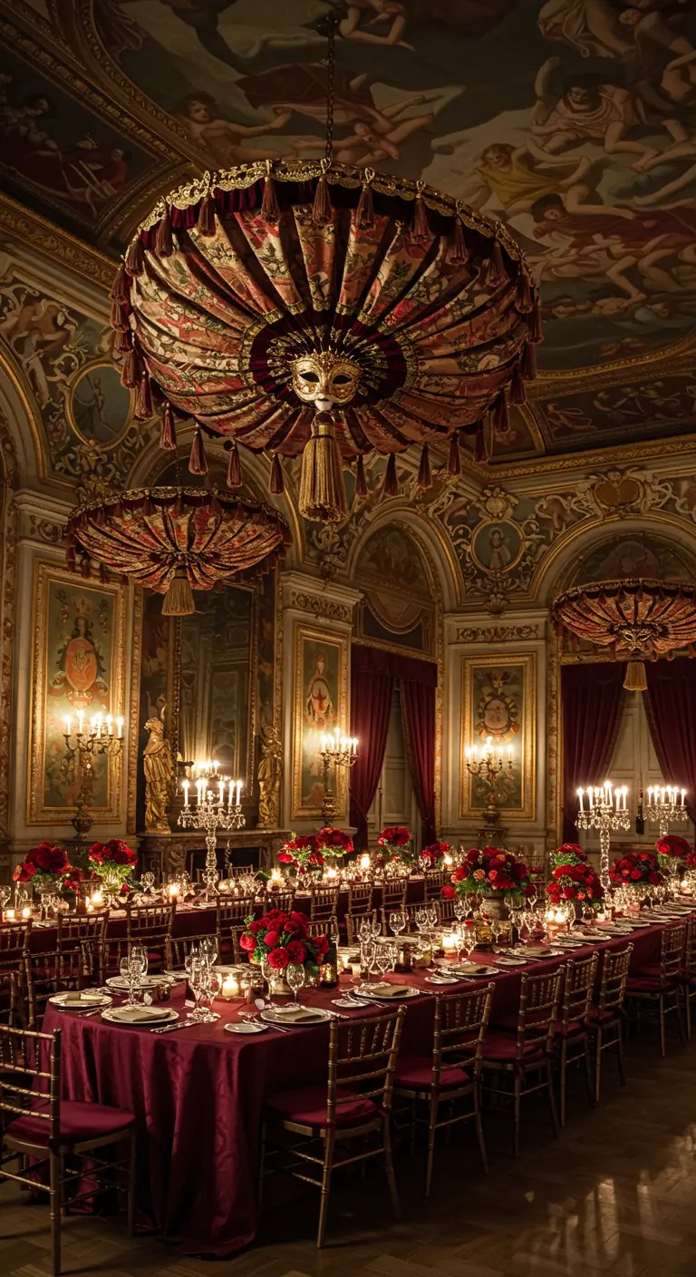 Salle de bal baroque avec des roses rouges, des candélabres et un décor opulent.
