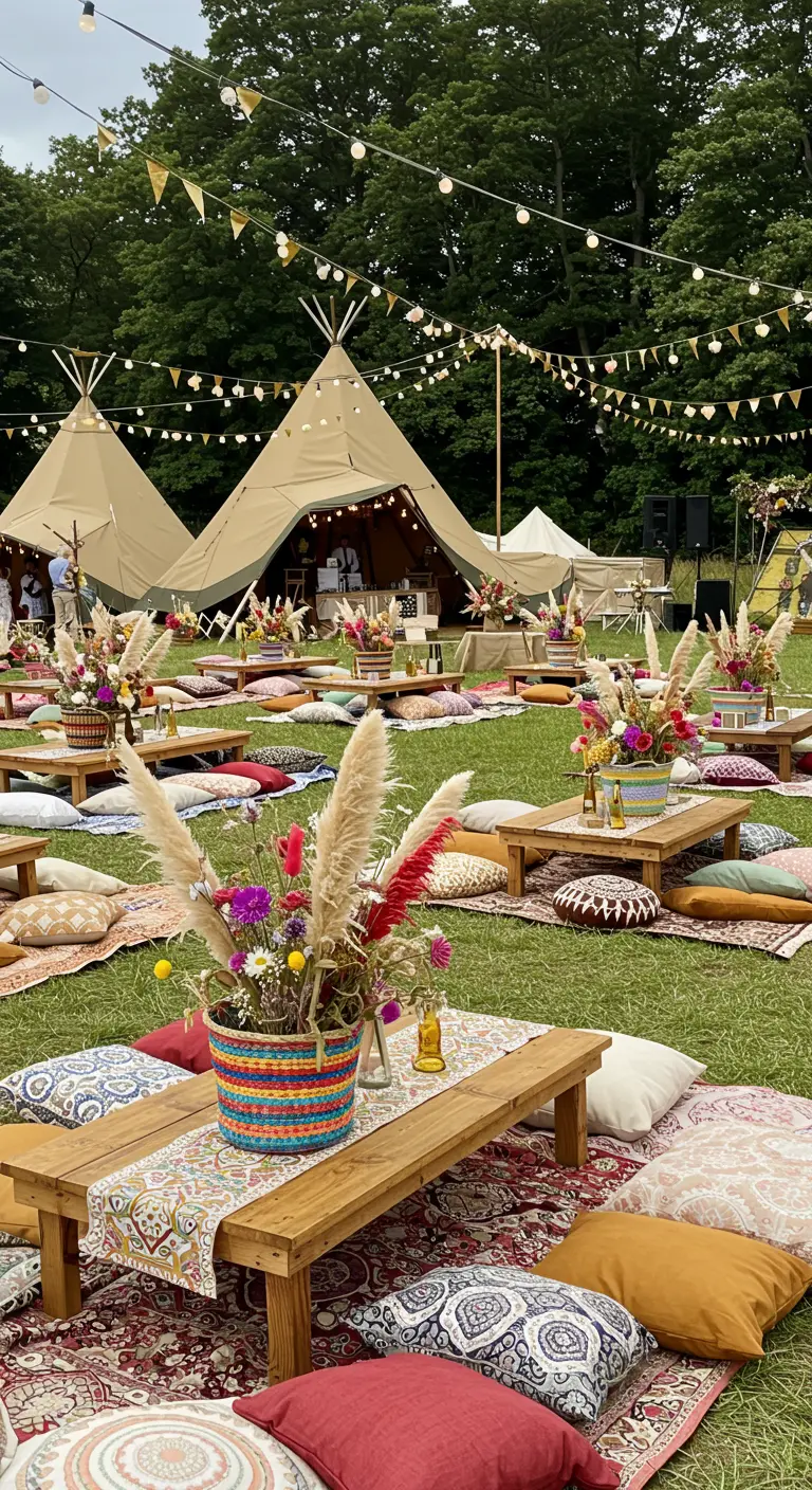 Espace extérieur avec tables basses, coussins et guirlandes lumineuses, ambiance festival.