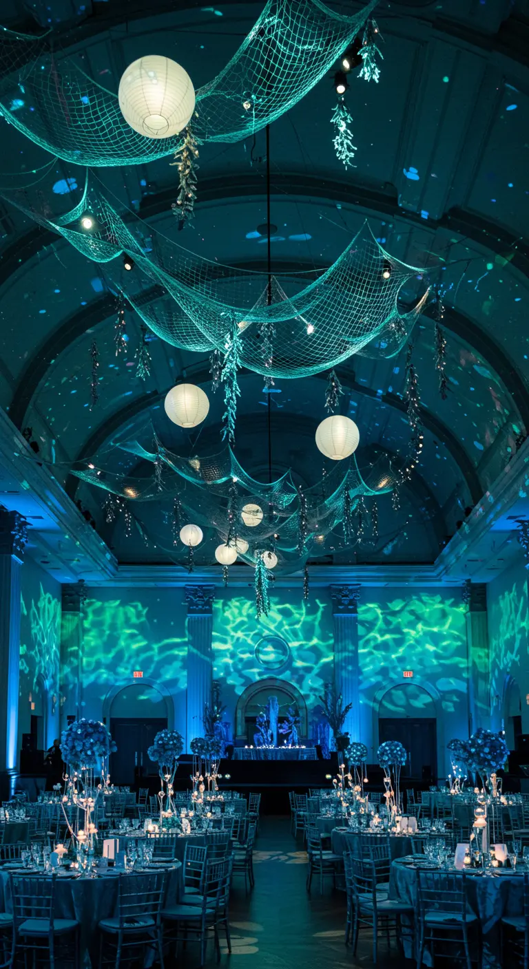 Grande salle de bal avec des filets de pêche et des lampions suspendus au plafond.