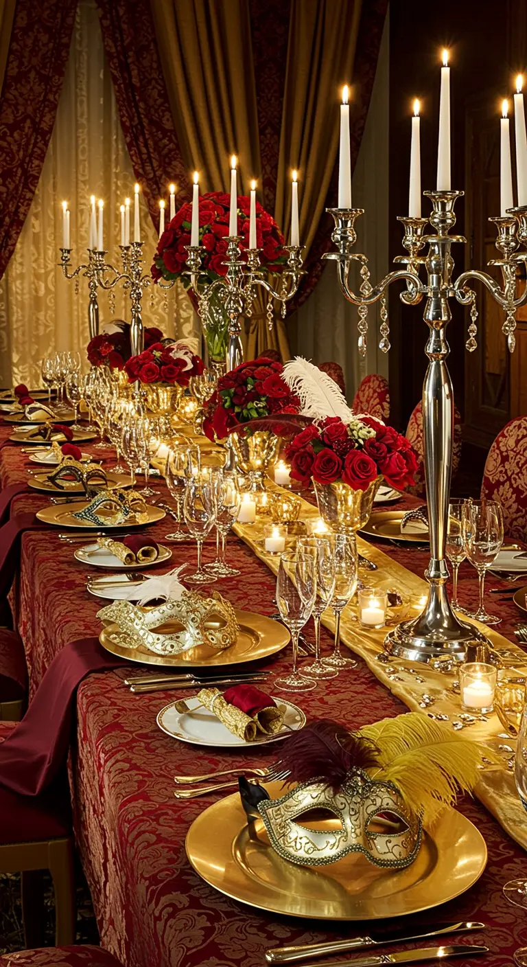 Table de carnaval vénitien avec masques dorés et chandeliers argentés.