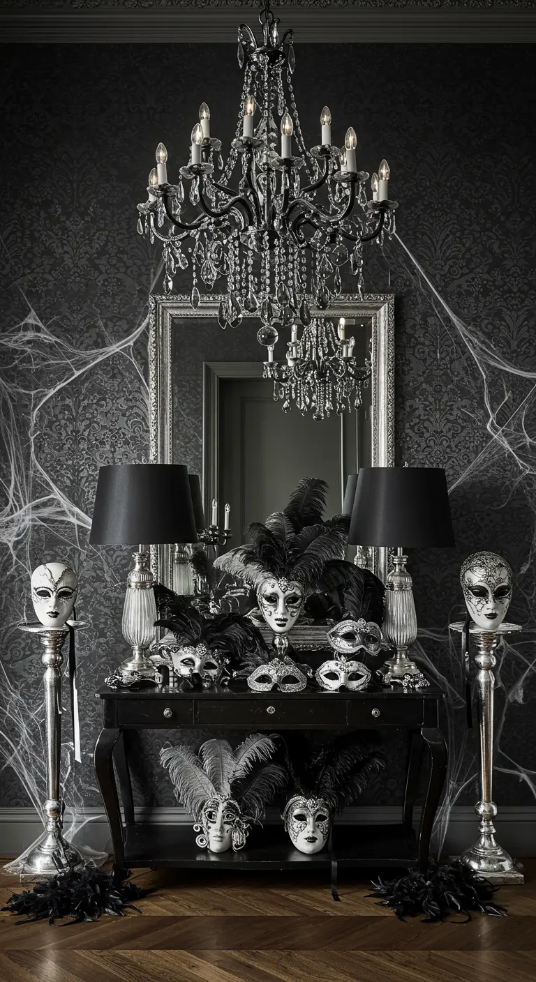 Console noire avec masques vénitiens et toiles d'araignée.