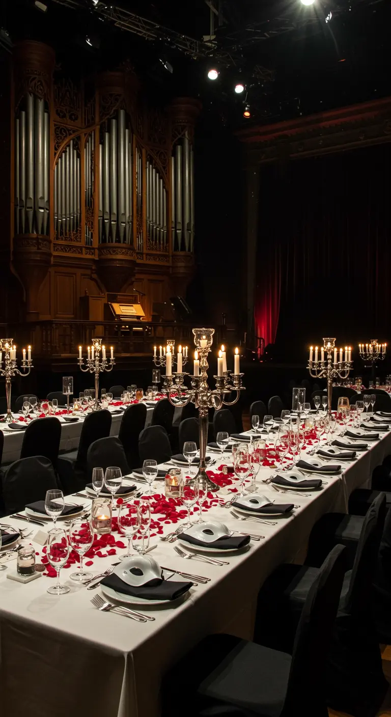 Table de bal masqué avec des masques blancs et des pétales de roses rouges.