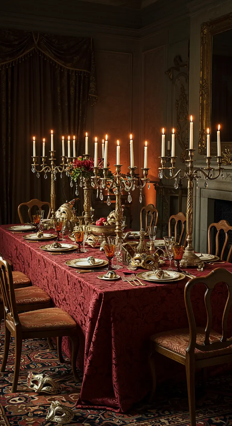 Table de banquet opulente avec nappe rouge, candélabres dorés et masques de carnaval vénitiens.
