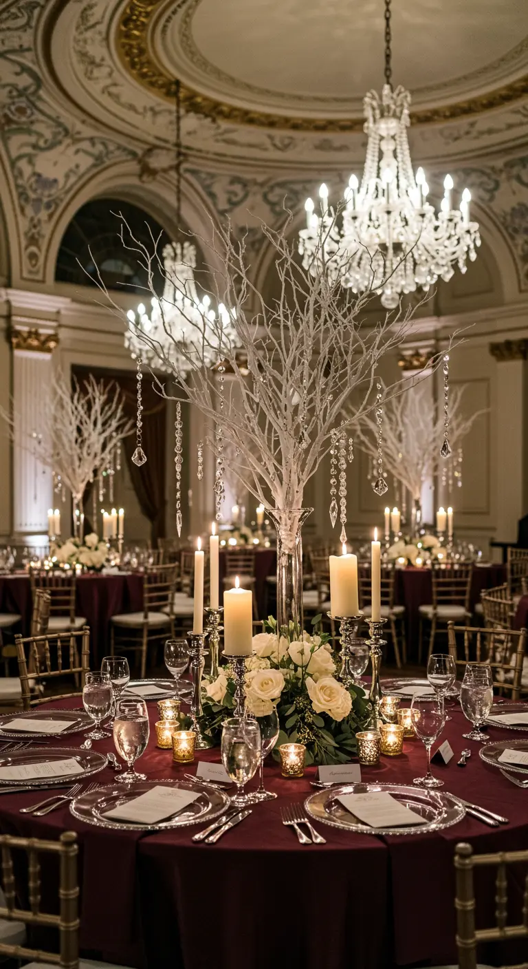 Centre de table mariage dans une salle de bal, avec un arbre blanc, des cristaux et des roses.