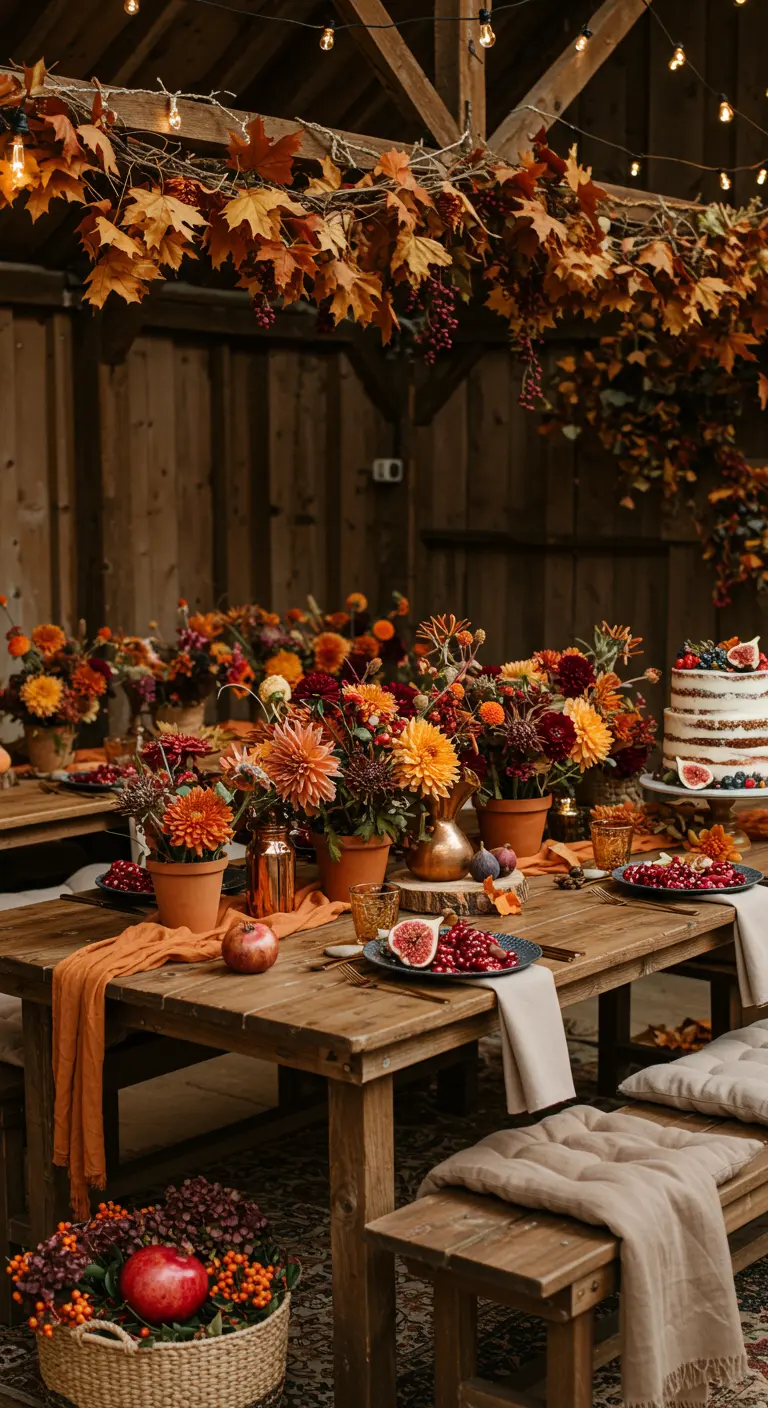 Table d'anniversaire automnale avec dahlias orange, figues, grenades et poteries en terre cuite sur une table en bois.