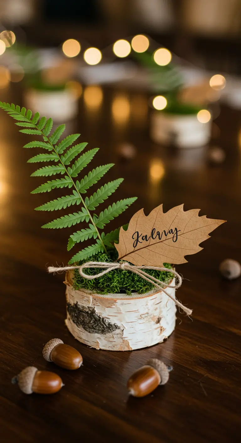 Pot en écorce de bouleau avec de la mousse, une fougère et un gland.