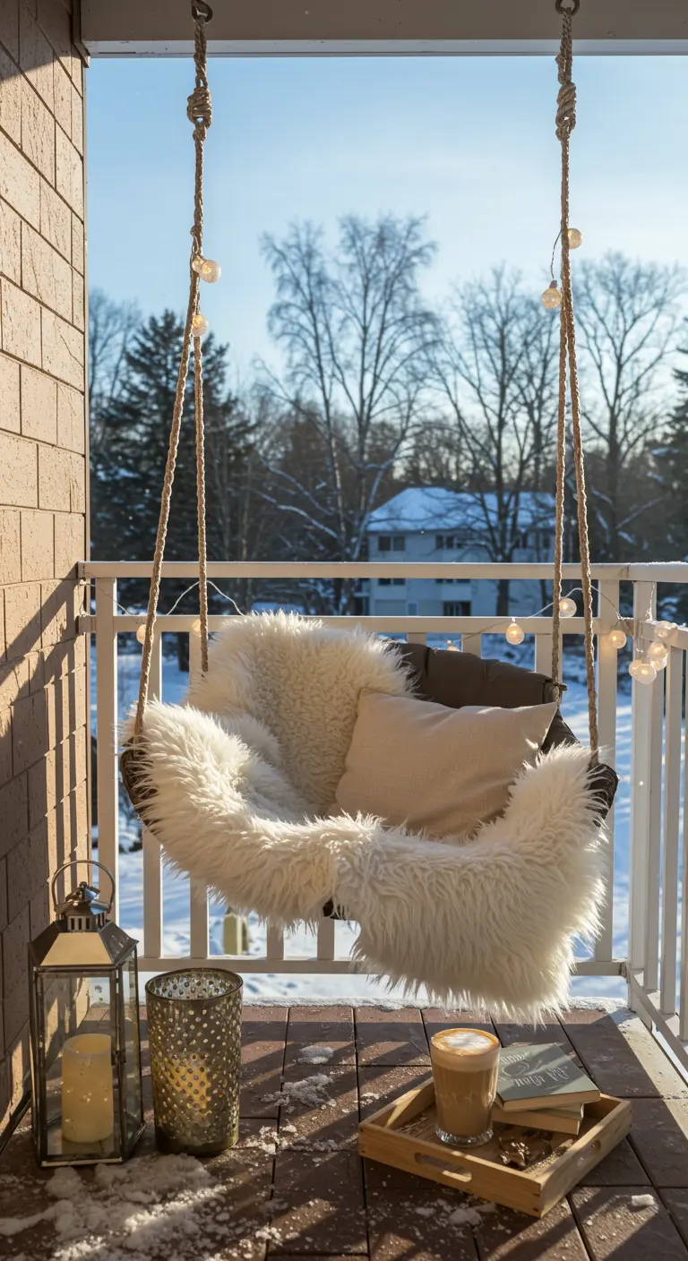 Balançoire suspendue sur balcon enneigé avec plaid en fausse fourrure et boisson chaude. 