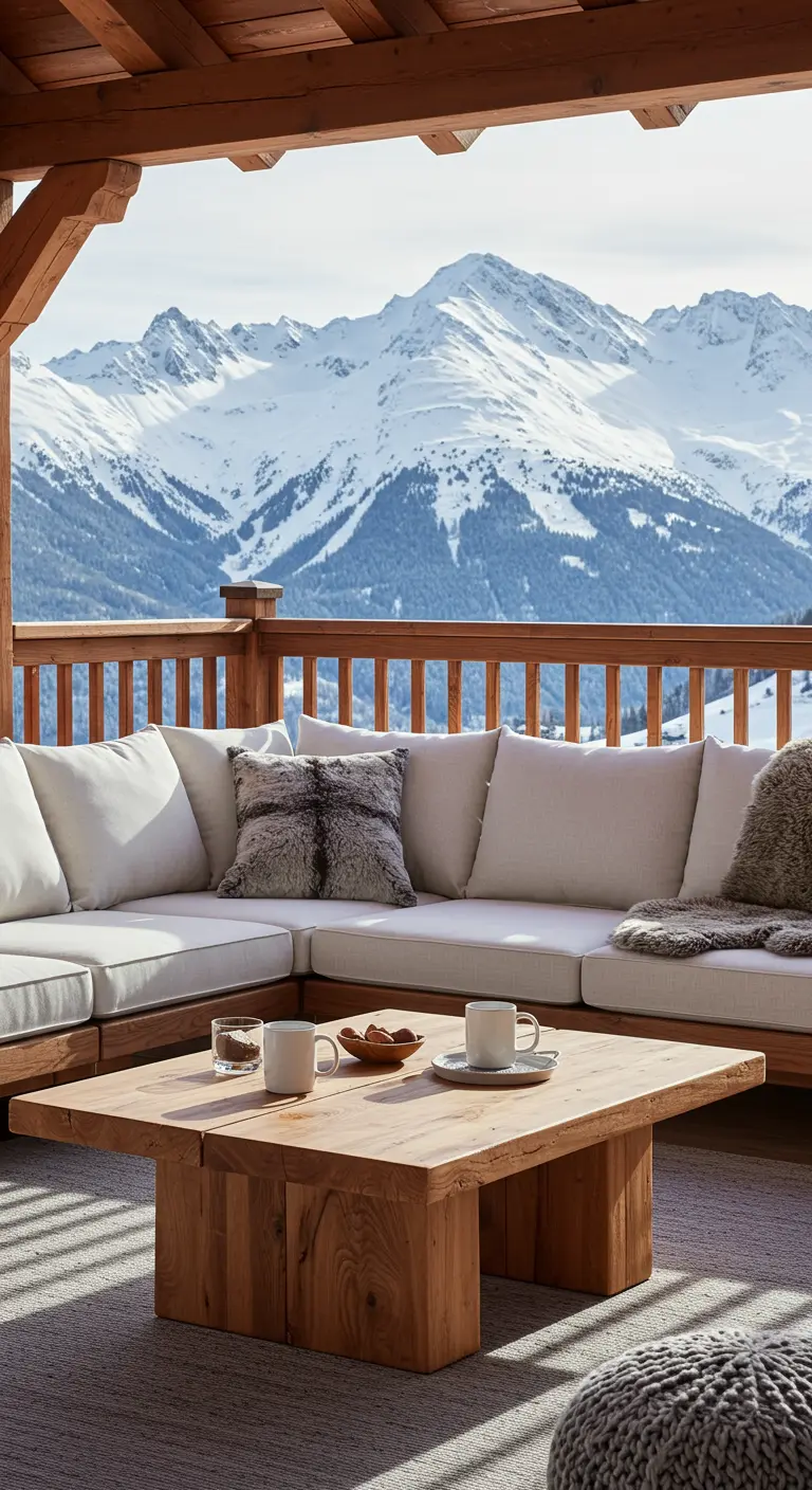 Salon de jardin sur un balcon avec vue sur des montagnes enneigées.