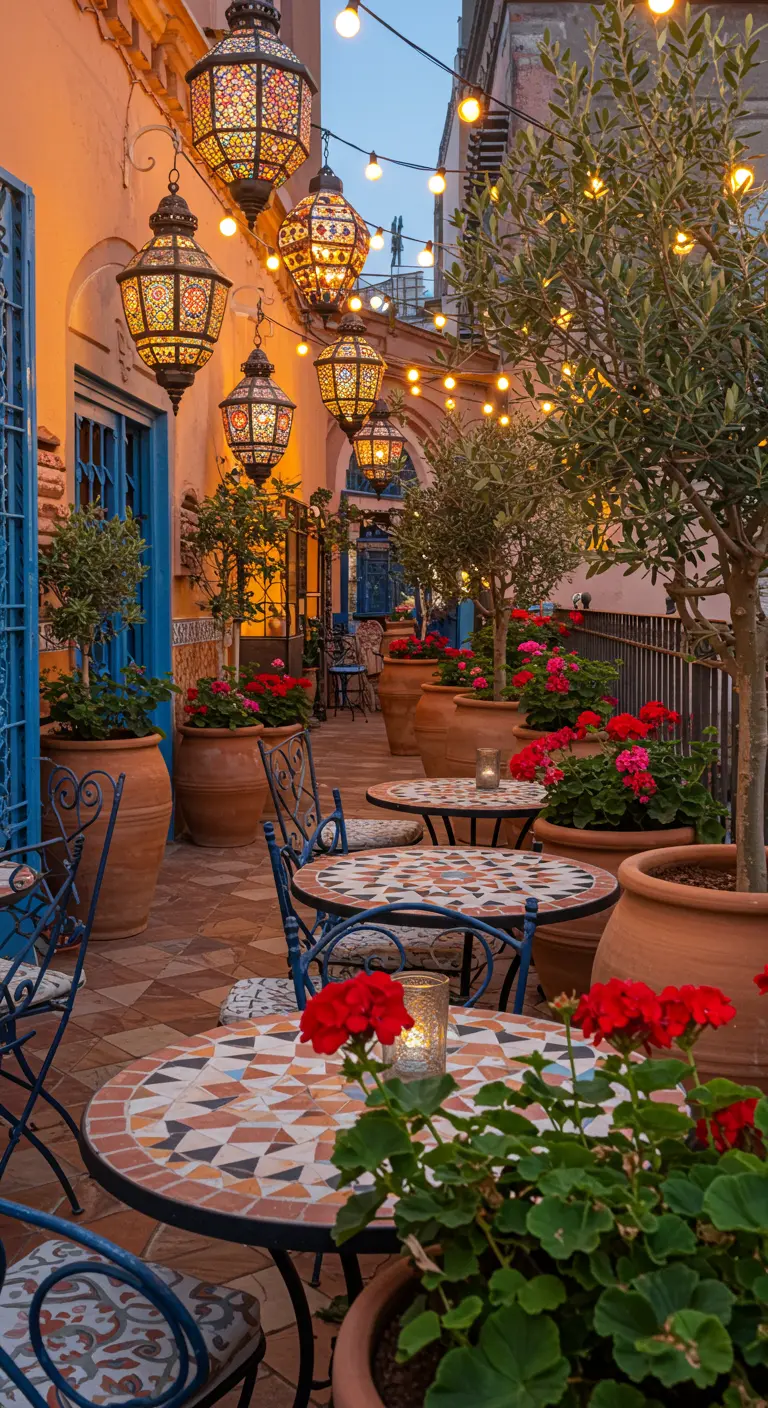Balcon de style andalou avec tables en mosaïque, géraniums en pots et lanternes orientales suspendues.