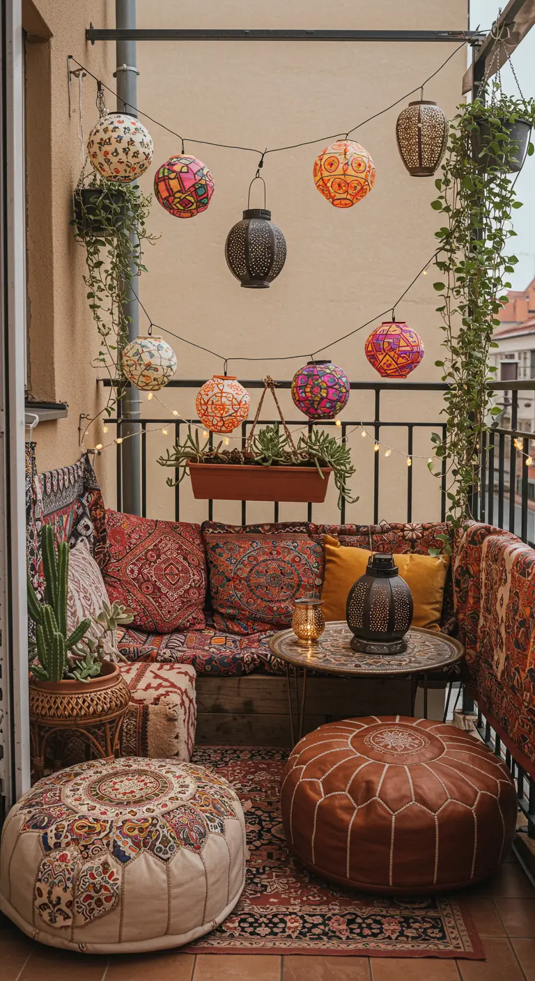 Balcon bohème coloré avec lampions suspendus, coussins de sol et plantes grimpantes.