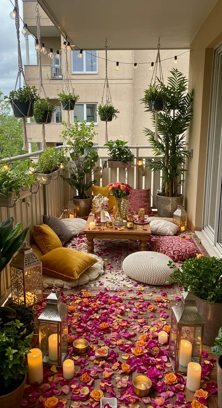 Balcon bohème décoré de coussins, lanternes et tapis de pétales.
