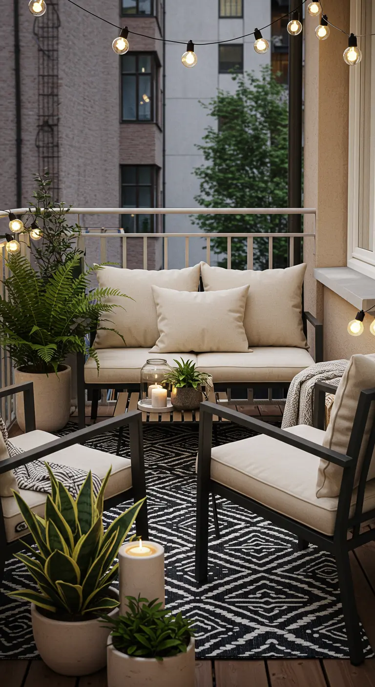 Petit balcon avec mobilier en aluminium noir, tapis graphique et guirlandes lumineuses.