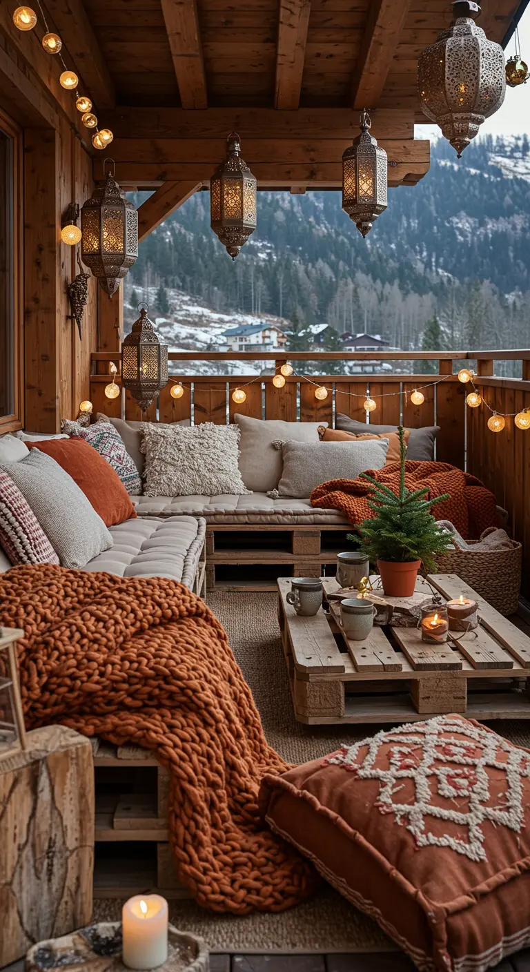 Balcon style bohème-chalet avec mobilier en palettes, coussins et lanternes orientales.