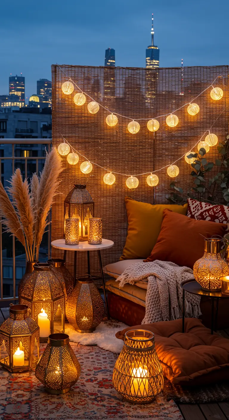 Balcon décoré de guirlandes lumineuses, lanternes ajourées, coussins moelleux et herbes de pampa.