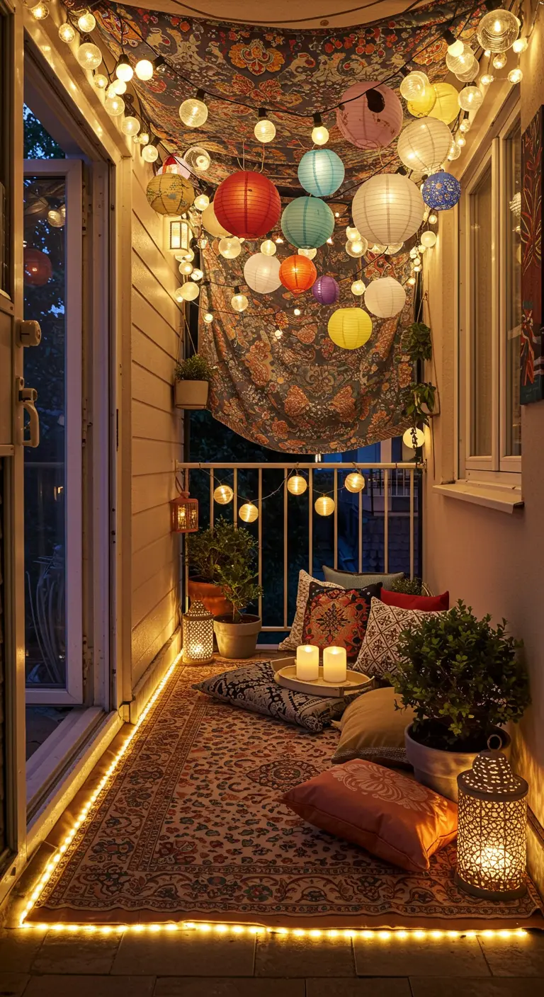 Balcon cosy avec lampions multicolores, guirlandes lumineuses, coussins et tapis bohèmes.