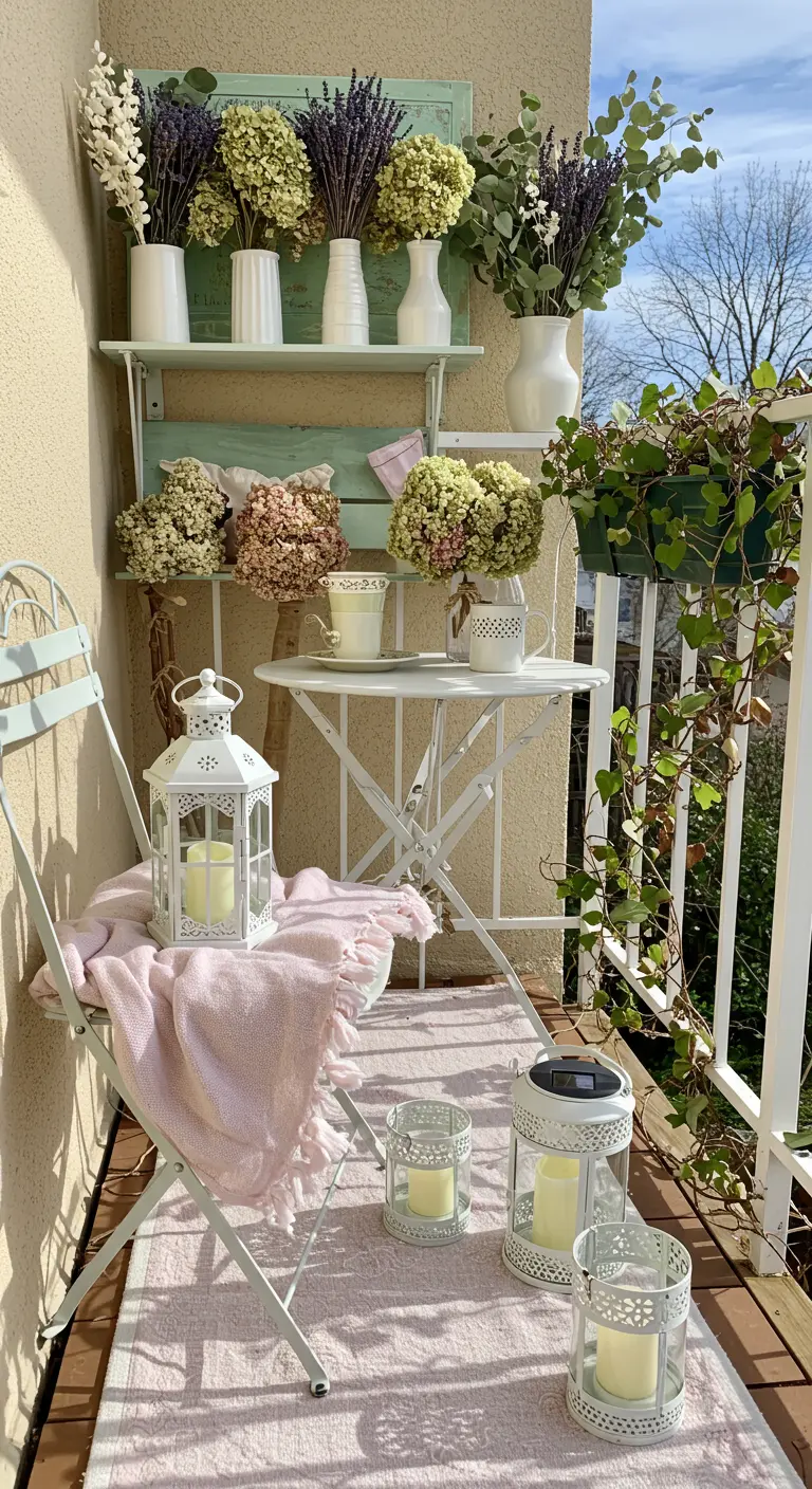 Petit balcon shabby chic avec mobilier pliant blanc, tapis rose pastel, lanternes et étagères fleuries.