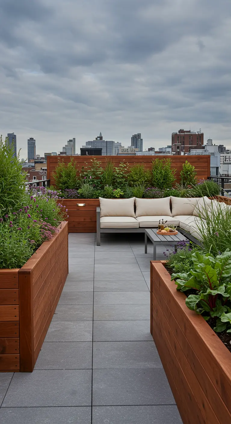 Terrasse sur le toit avec de longues jardinières en bois comme clôtures, canapé moderne, vue sur la ville.