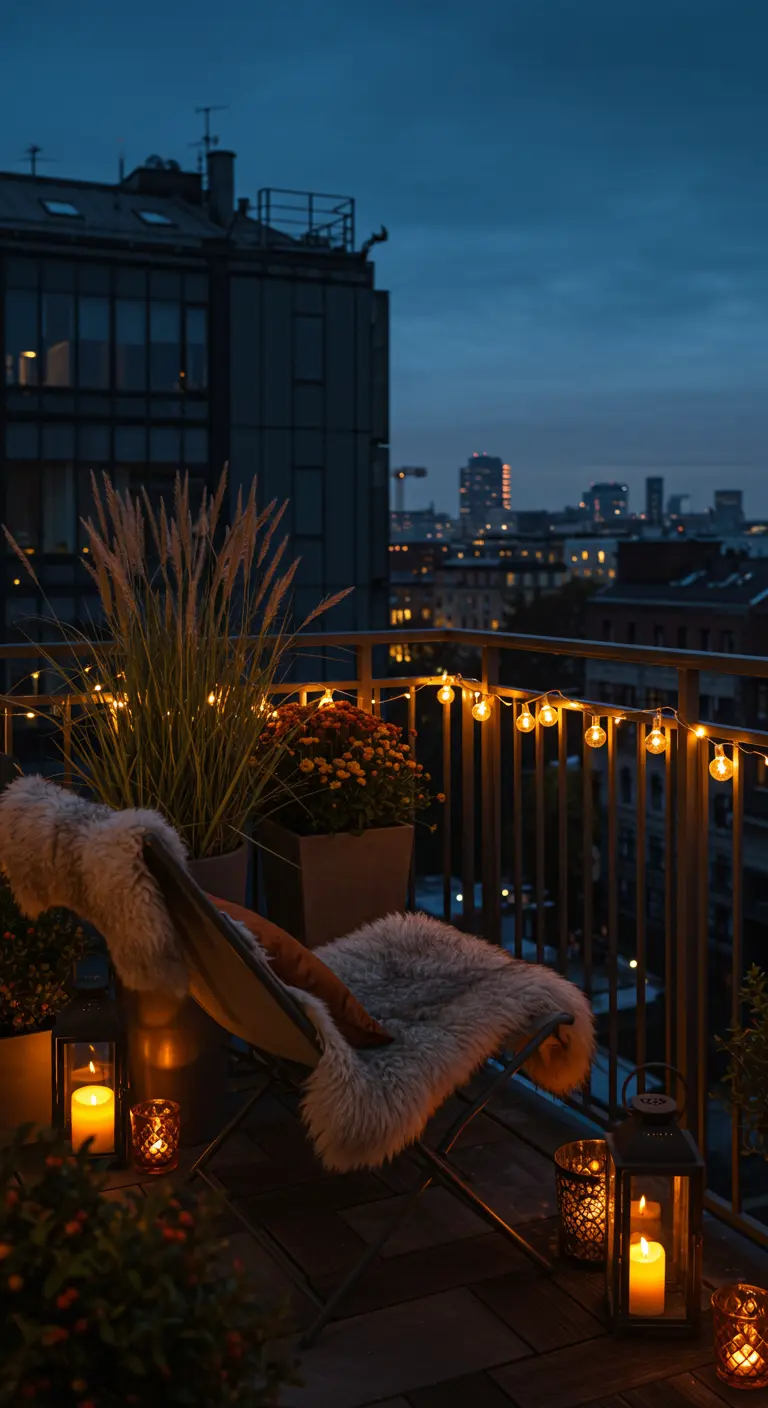 Balcon cosy d'automne avec un fauteuil en fausse fourrure, des plantes, des lanternes et des guirlandes lumineuses.