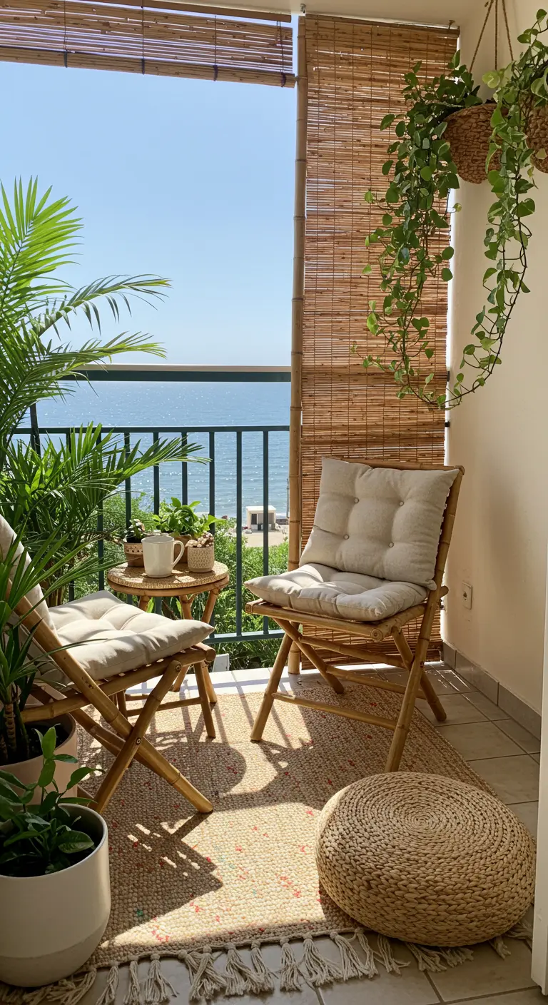 Petit balcon avec mobilier pliable en bambou, brise-vue en bambou, plantes en pot et vue sur l'océan.