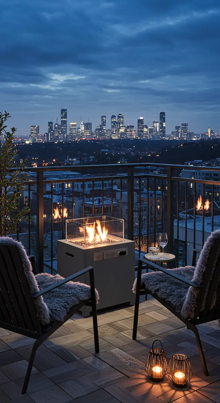 Balcon urbain avec foyer au gaz, fauteuils Adirondack sombres, peaux de mouton et vue sur la ville