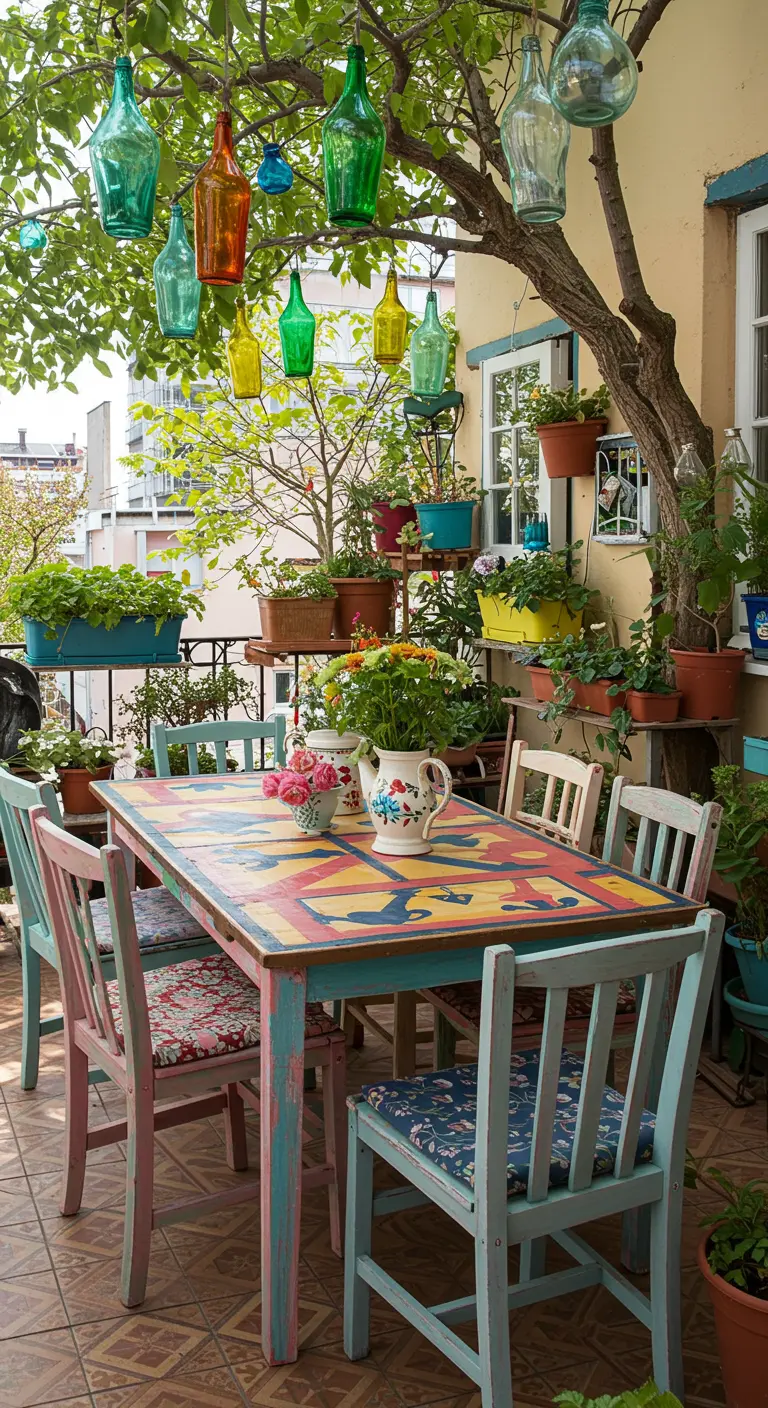 Table peinte de couleurs vives sur un balcon éclectique rempli de plantes.