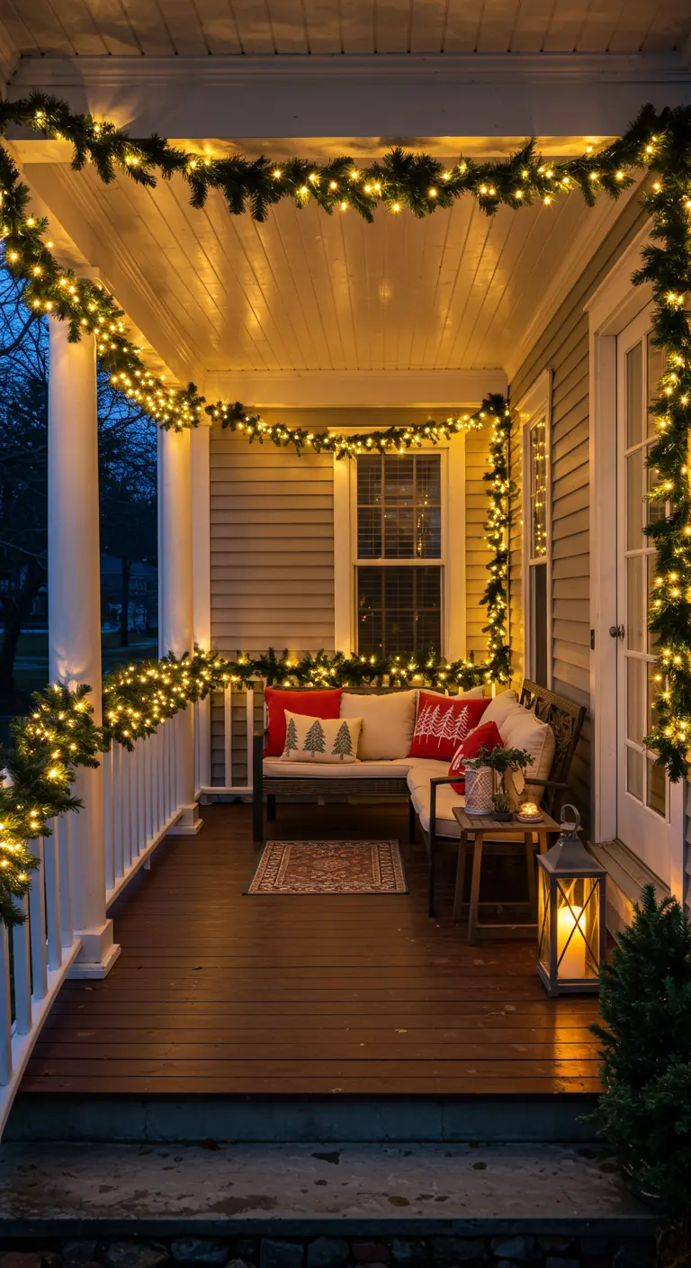 Porche avec canapé, coussins rouges, plaids, guirlandes lumineuses et lanterne, pour Noël.
