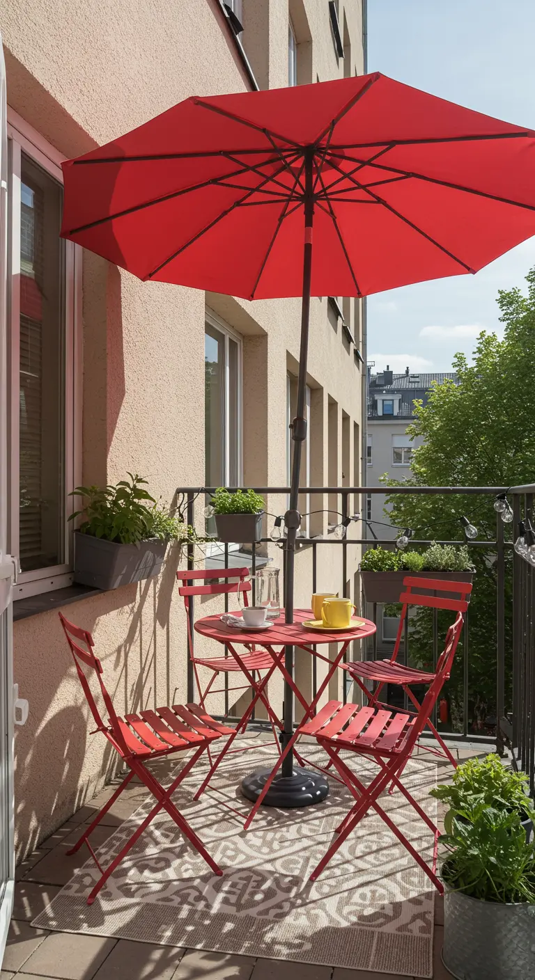 Petit balcon avec table et chaises rouges, parasol rouge, tapis à motifs et plantes en pots.