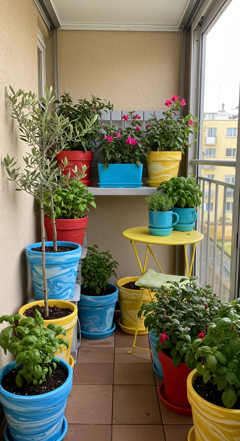 Balcon rempli de pots marbrés multicolores avec diverses plantes et fleurs, ambiance joyeuse.