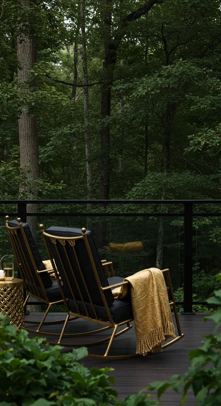 Deux chaises à bascule noires et dorées sur un balcon en bois, avec un plaid doré.